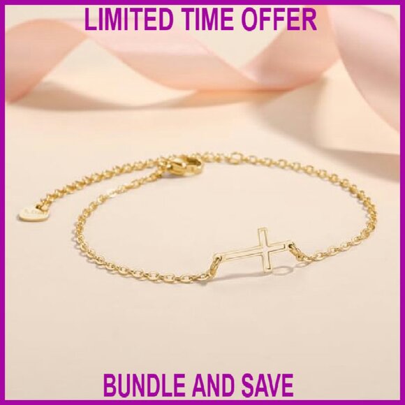 14K Gold Plated Sideways Cross Bracelet Adjustable Rolo Chain Faith Jewelry - Picture 3 of 7